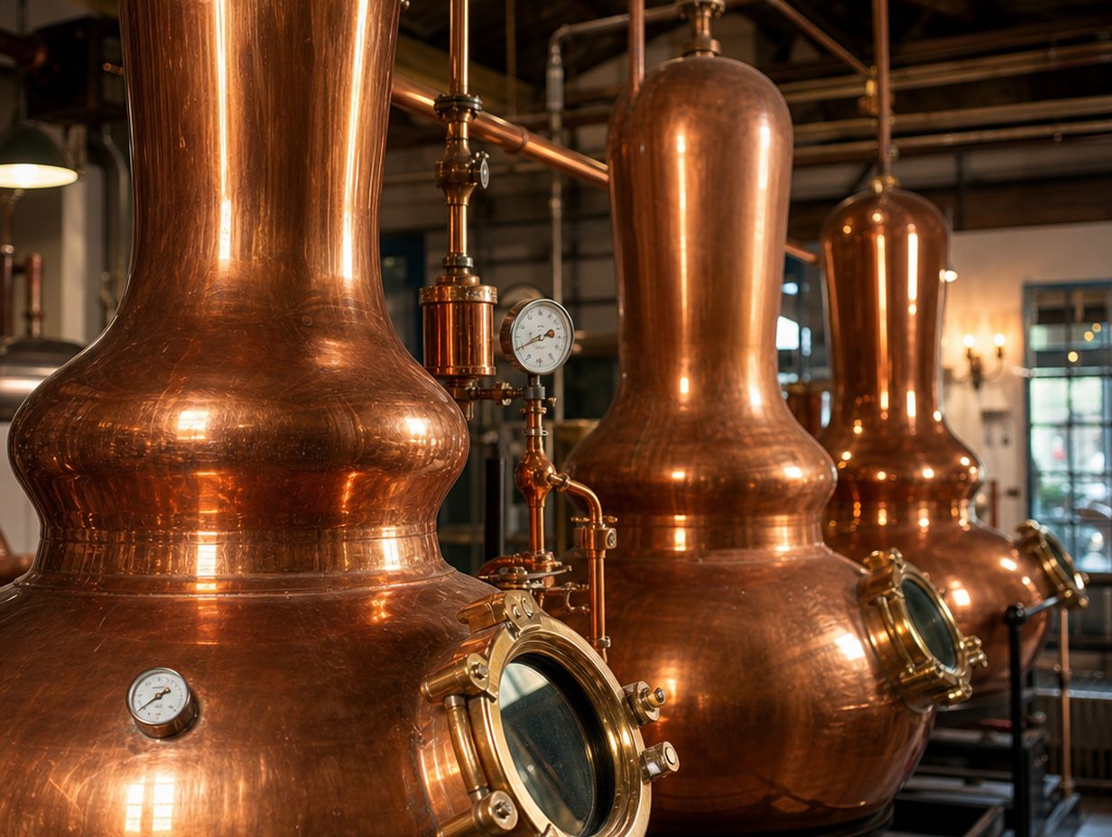Kupferne Destillierblasen in einer Gin-Brennerei
