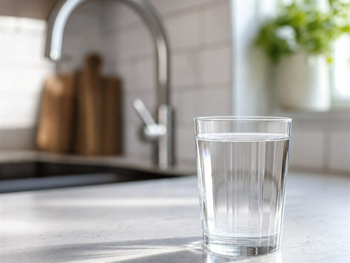 Ein Glas klares Leitungswasser auf einer hellen Küchentheke vor einem Wasserhahn