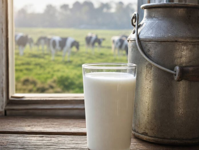 Volles Glas kalte Milch auf einem Holztisch neben einer alten Metallmilchkanne