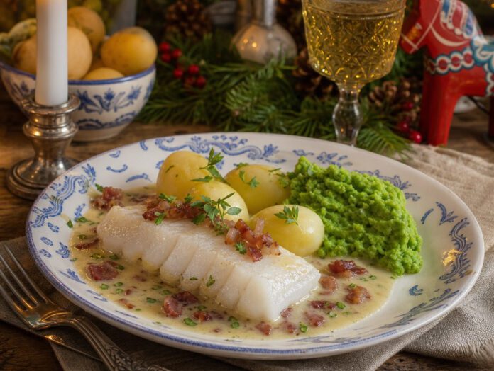 Weißes glasig-geleeartiges Fischfilet mit Kartoffeln, Erbsenpüree und Specksauce