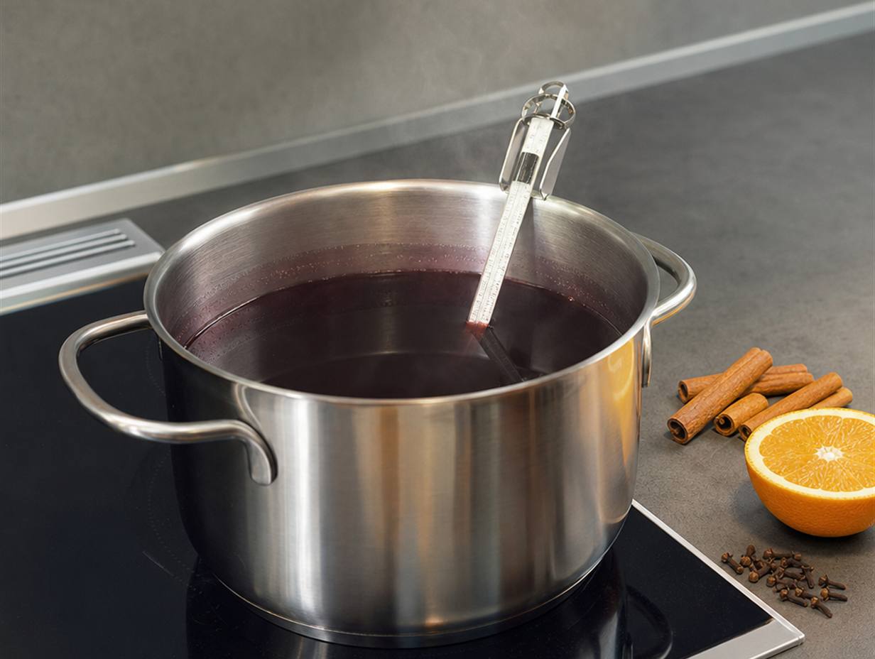 Dunkelroter Glühwein in einem Edelstahltopf auf dem Herd, ein Küchenthermometer steckt darin, daneben Zimtstangen, Nelken und eine halbe Orange