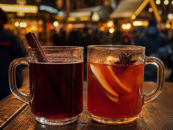 Zwei Glasbecher nebeneinander auf einem Holztisch, links dunkelroter Glühwein mit Zimtstange, rechts orangeroter Fruchtpunsch mit Apfel- und Orangenscheiben und Sternanis