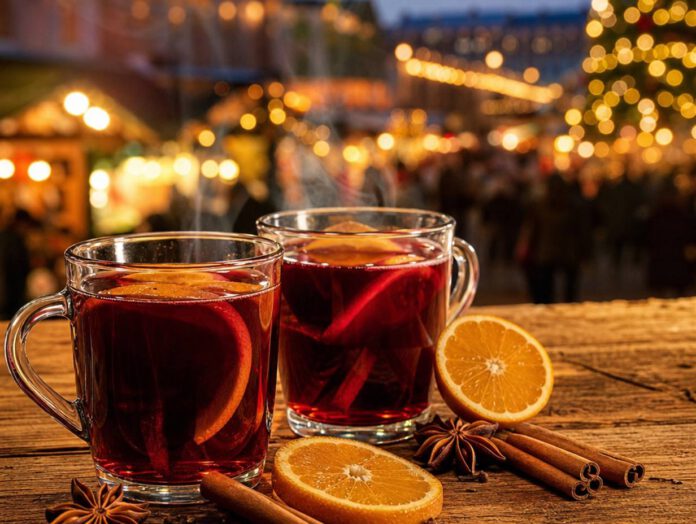 Zwei dampfende Glastassen mit rotem Glühwein und Orangenscheiben auf einem Holztisch, dahinter unscharfe Lichter eines Weihnachtsmarkts