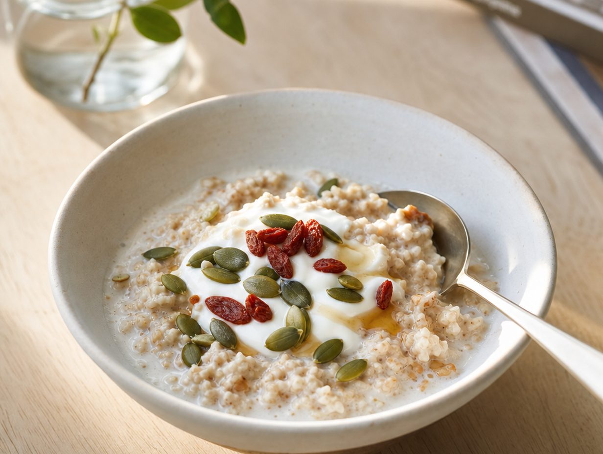 Schale Porridge mit getrockneten Goji-Beeren, Kürbiskernen und Joghurt auf hellem Holztisch