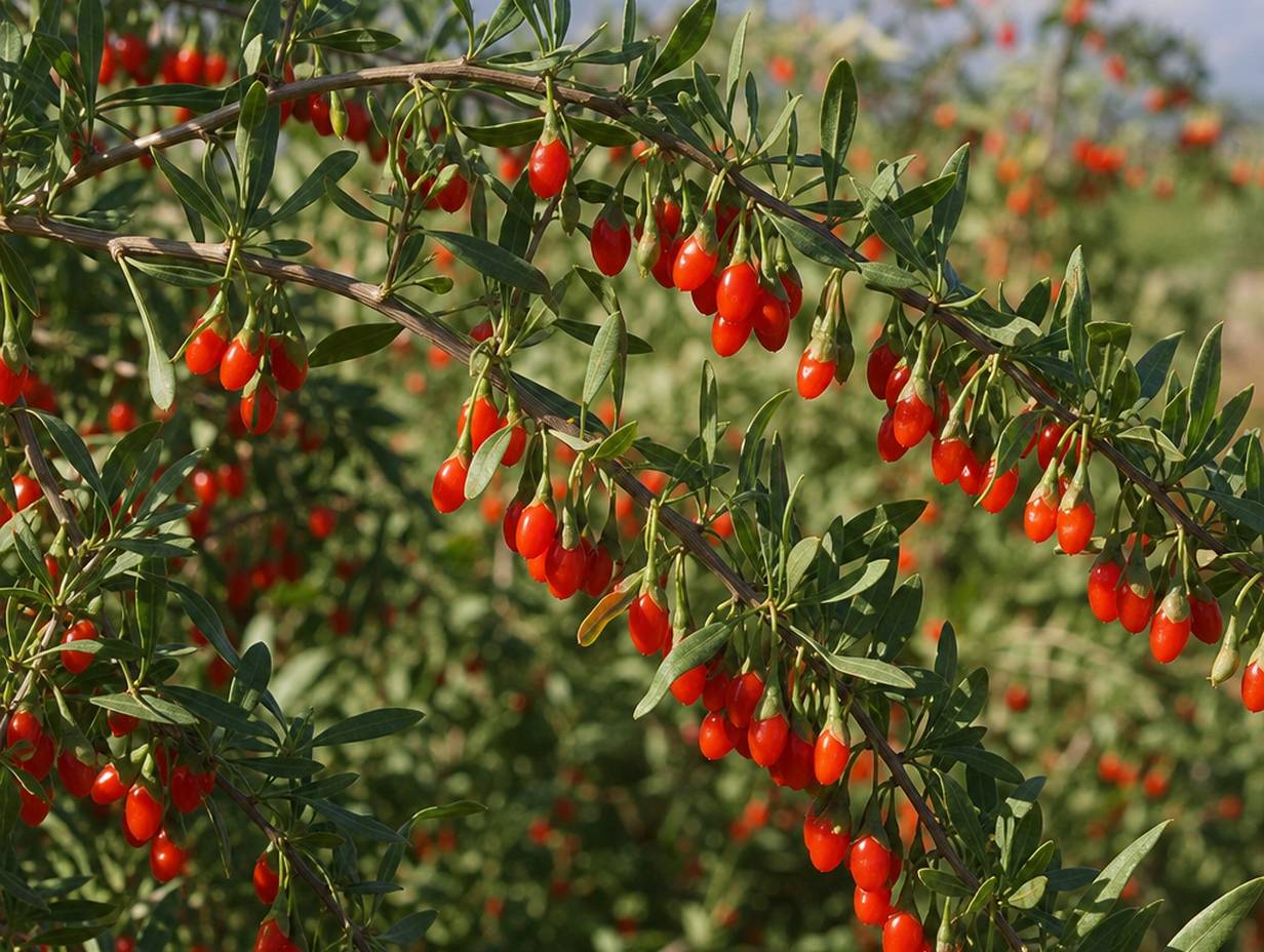 Zweig des Gemeinen Bocksdorns mit leuchtend orangeroten länglichen Beeren und schmalen grünen Blättern