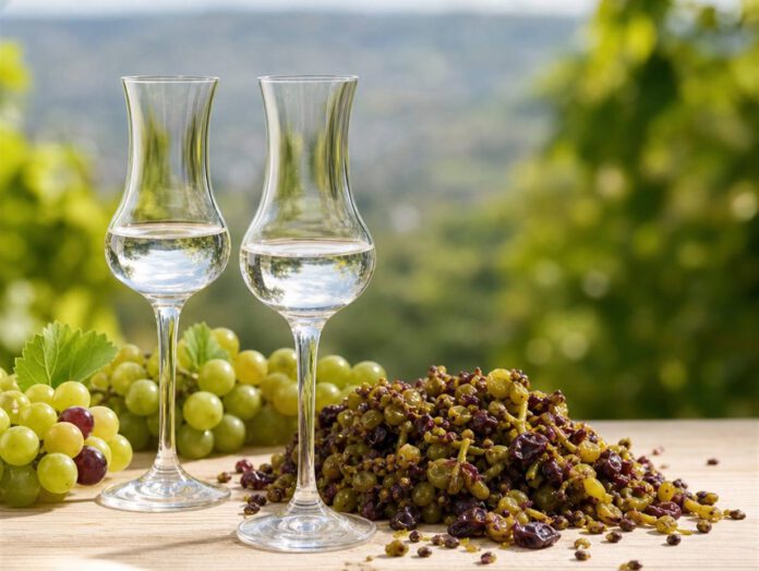 Zwei schlanke tulpenförmige Gläser mit klarem Grappa auf einem Holztisch, daneben Weintrauben und ein Haufen Traubentrester aus Schalen und Kernen