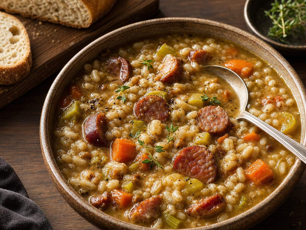 Rustikale Schale mit dickem Graupeneintopf mit Möhren, Lauch und Räucherwurst, daneben Brot