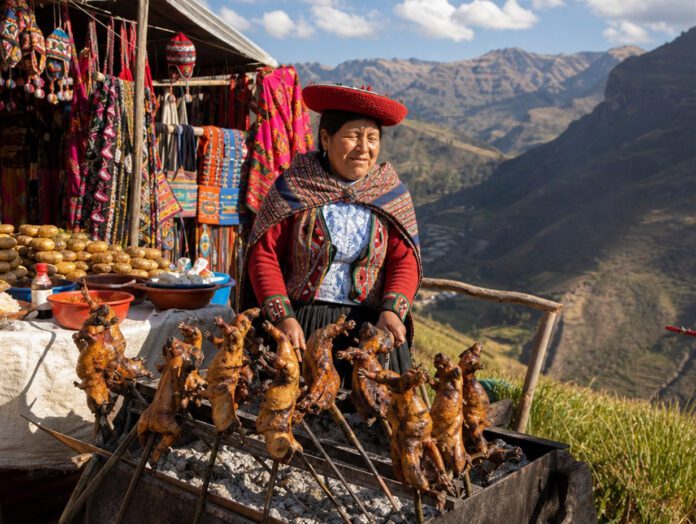 Marktstand in Peru mit Spießen über Holzkohle vor bunten Textilien und Bergkulisse