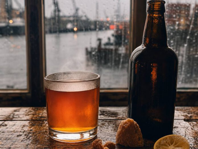 Dickwandiges Glas mit bernsteinfarbenem Grog auf einem alten Holztisch, daneben eine dunkle Rumflasche, braune Kandisstücke und eine Zitronenscheibe vor einem Hafenfenster