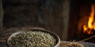 Wie schmeckt Grünkern? Schale mit olivgrünen Grünkernkörnern neben goldenen Dinkelähren, im Hintergrund ein Feuer mit aufsteigendem Rauch