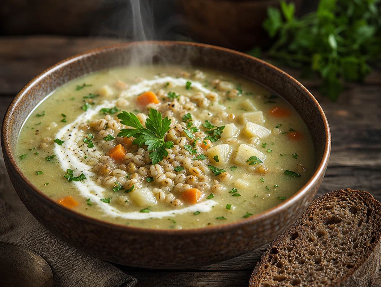 Tiefer Teller mit cremiger Grünkernsuppe, Wurzelgemüse und Petersilie, daneben eine Scheibe dunkles Brot
