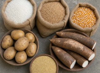 Welternährungstag am 16. Oktober: Herkunft, Zahlen und Sinn Reis, Weizen, Mais, Kartoffeln, Maniok und Hirse in Jutesäcken und Holzschalen nebeneinander