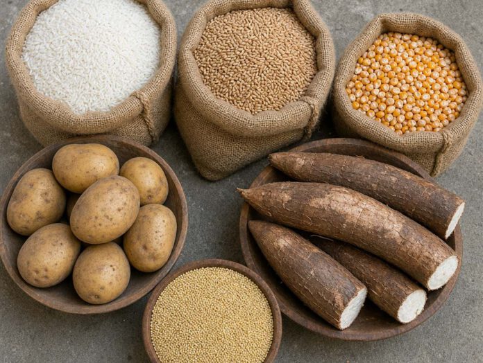 Reis, Weizen, Mais, Kartoffeln, Maniok und Hirse in Jutesäcken und Holzschalen nebeneinander