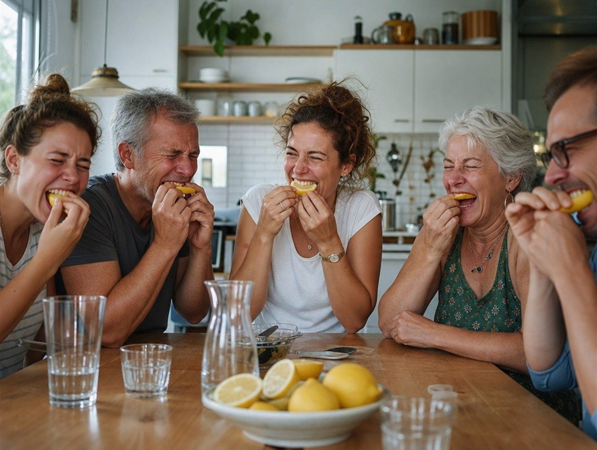 Mehrere Menschen beißen an einem Tisch gleichzeitig in Zitronenscheiben und lachen