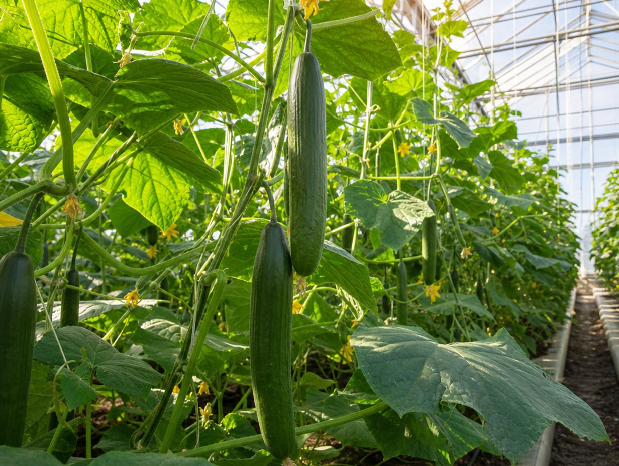 Gurken hängen an Rankschnüren zwischen großen Blättern in einem sonnigen Gewächshaus