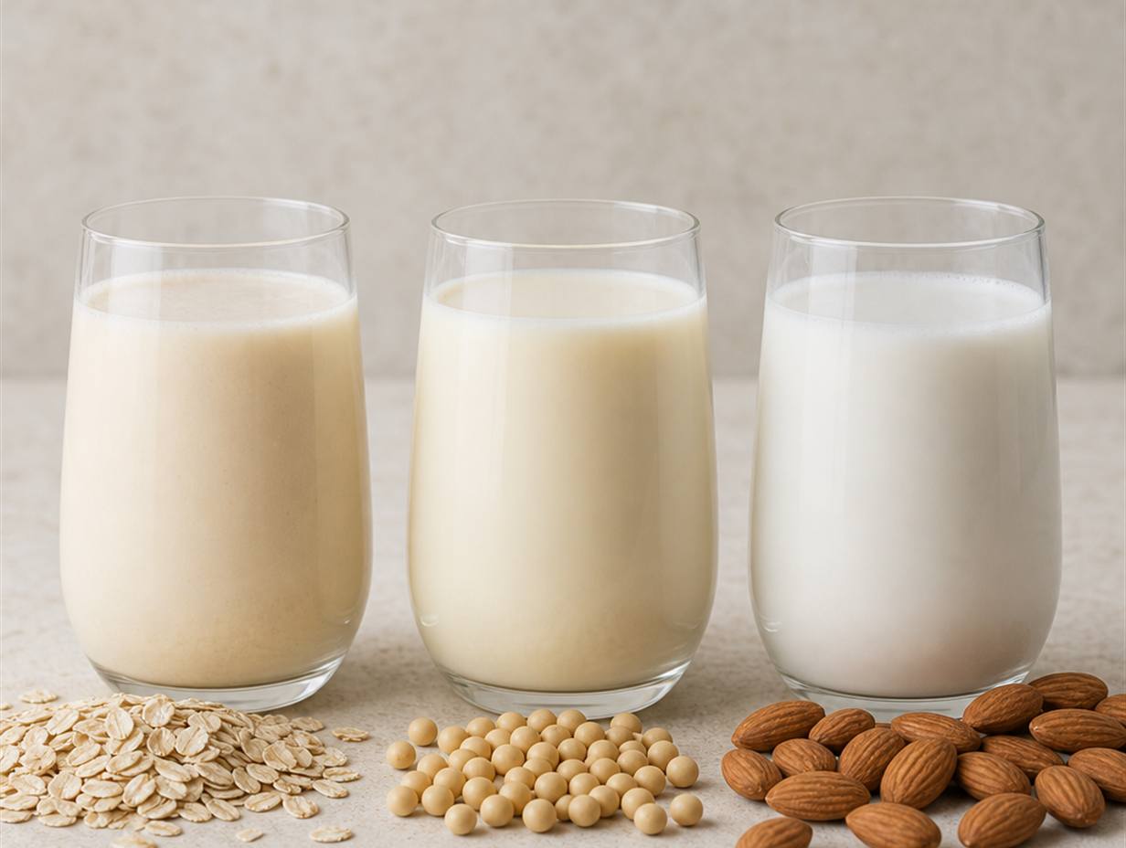 Drei Gläser mit Haferdrink, Sojadrink und Mandeldrink nebeneinander, davor Haferflocken, Sojabohnen und Mandeln