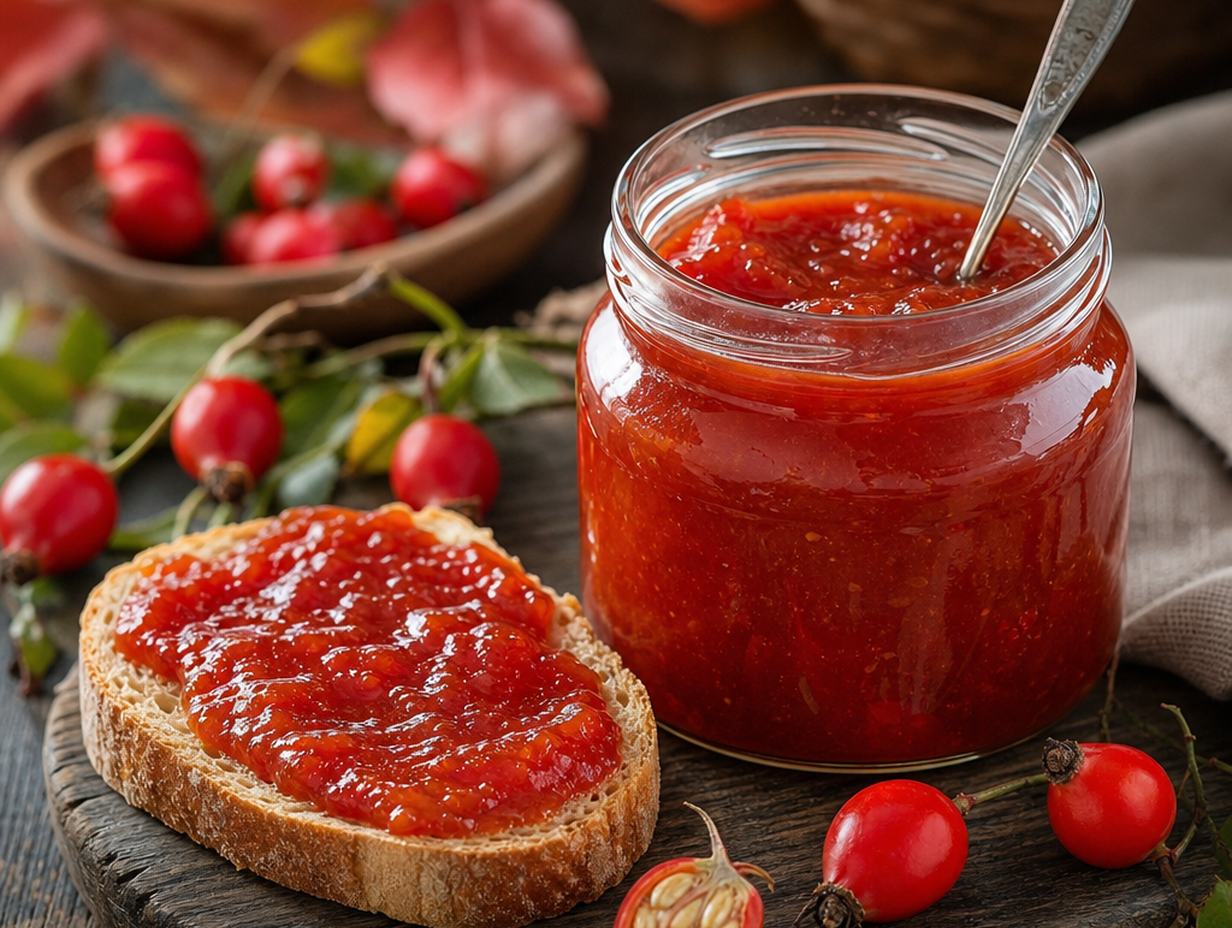 Glas mit tieforange-roter Hagebuttenmarmelade und ein bestrichenes Brot auf einem herbstlichen Holztisch