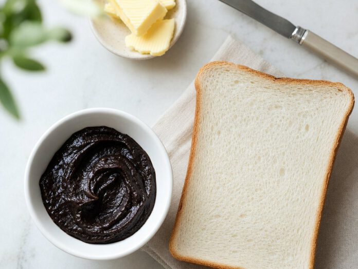 Dunkler Hefeaufstrich in einer weißen Schale neben einer Scheibe Toastbrot, Butter und Messer
