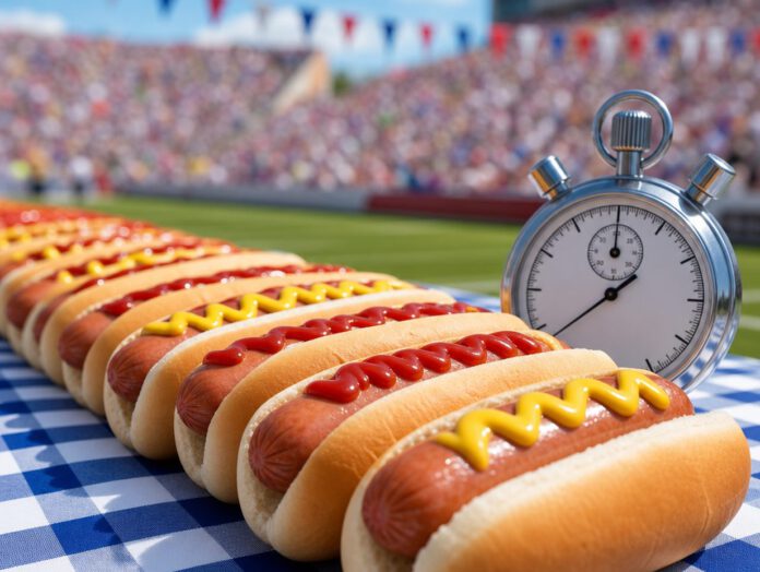 Reihe von Hot Dogs neben einer Stoppuhr