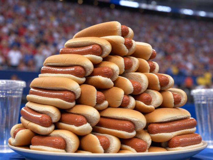 Ein Stapel Hot Dogs auf einem Teller bei einem Wettessen