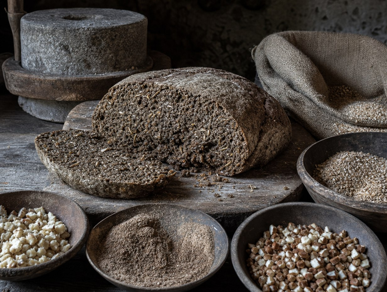 Aufgeschnittenes dunkles grobes Brot voller Spelzen und Fasern, daneben Schalen mit gemahlenen Eicheln, Kastanien und Kleie sowie eine Handmühle