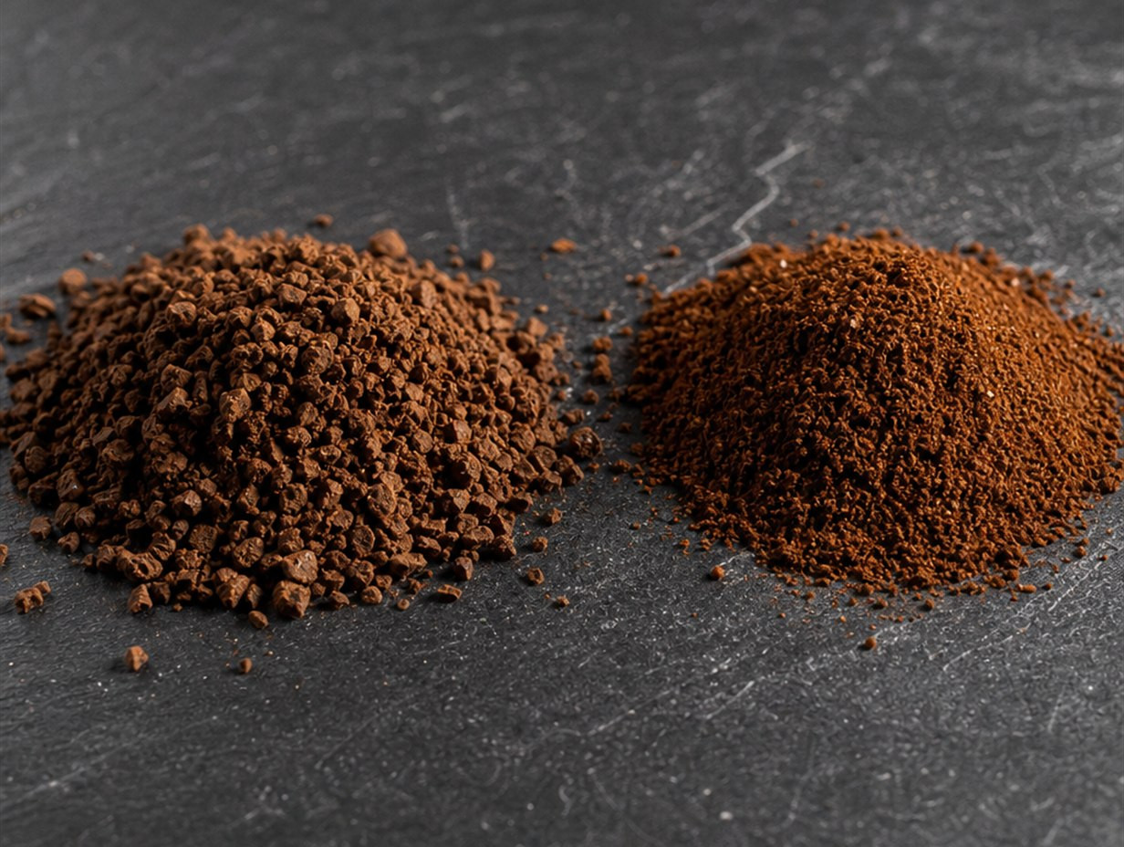 Zwei Häufchen Kaffeepulver mit deutlich unterschiedlichem Mahlgrad nebeneinander