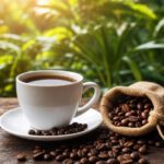 Tasse schwarzer Kaffee neben einem Leinensäckchen mit ganzen Kaffeebohnen