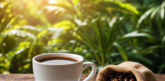Wie schmeckt Kopi Luwak, der teuerste Kaffee der Welt? Tasse schwarzer Kaffee neben einem Leinensäckchen mit ganzen Kaffeebohnen
