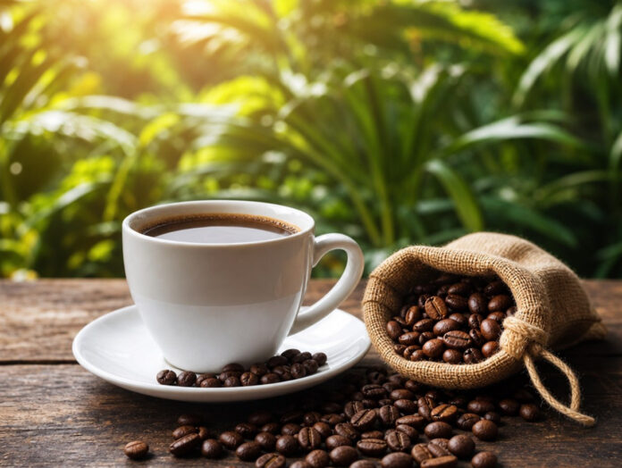 Tasse schwarzer Kaffee neben einem Leinensäckchen mit ganzen Kaffeebohnen