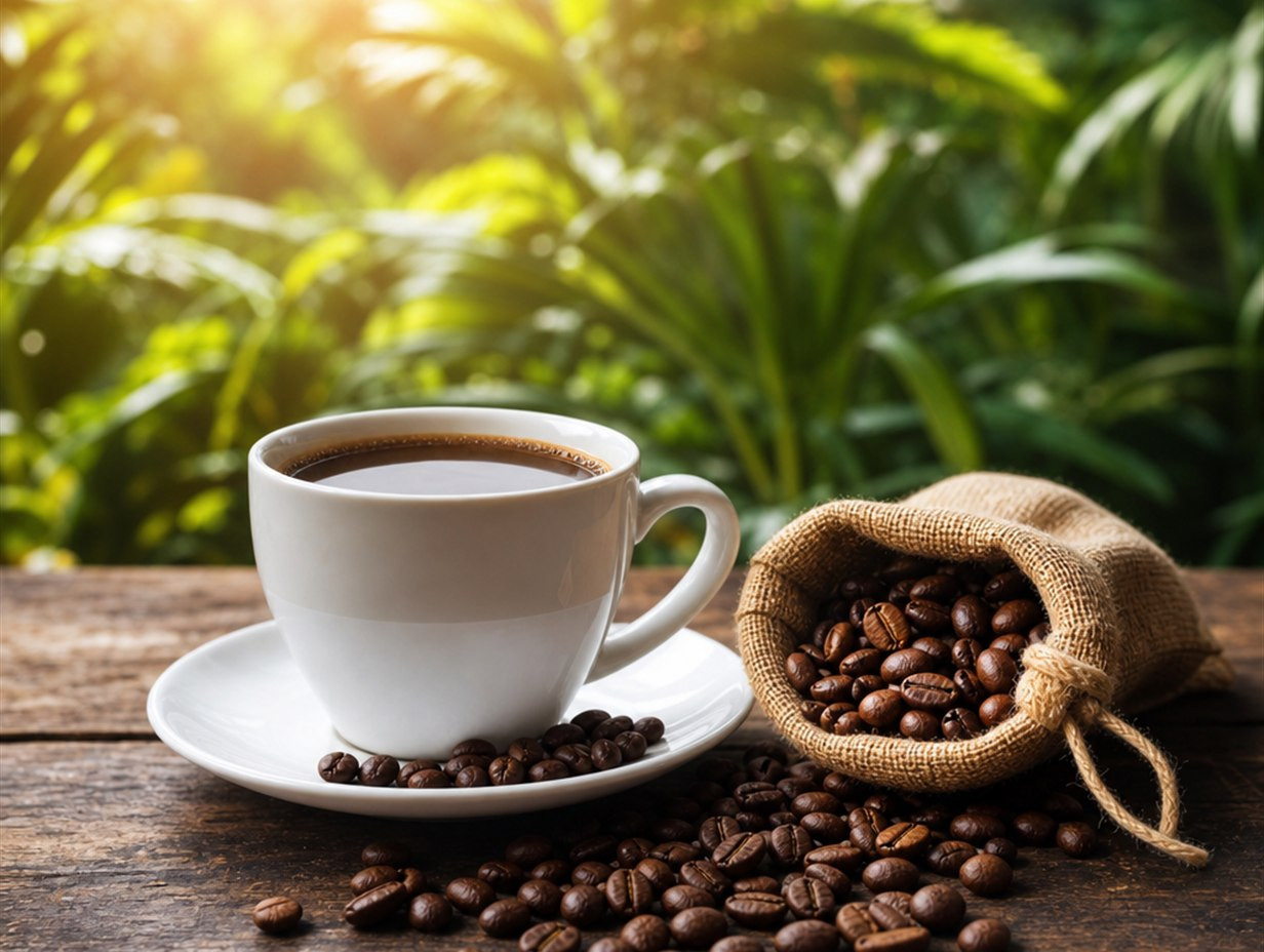 Tasse schwarzer Kaffee neben einem Leinensäckchen mit ganzen Kaffeebohnen