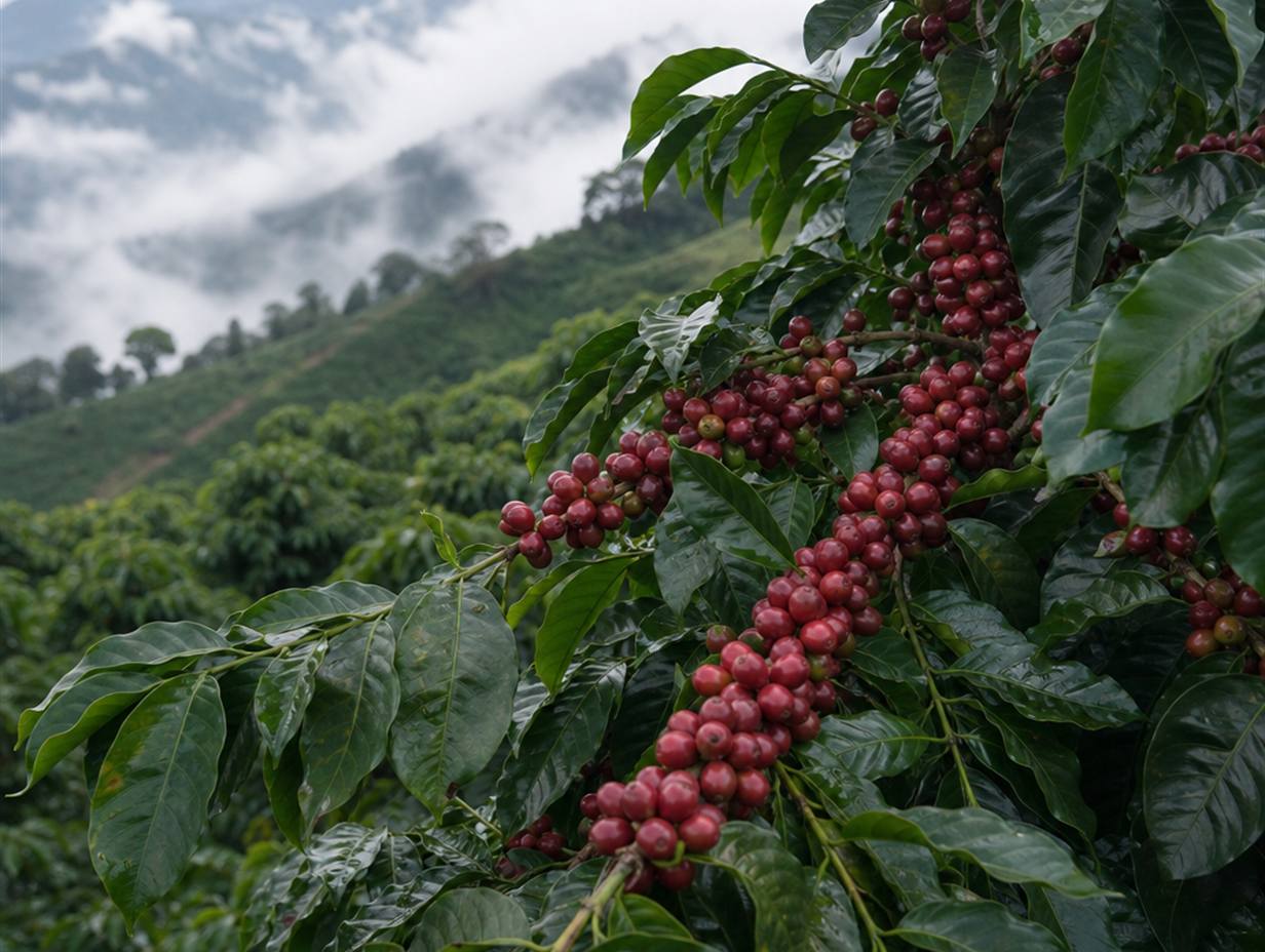 Reife rote Kaffeekirschen am Zweig eines Kaffeestrauchs auf einer Plantage im Hochland