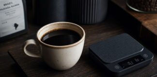 Black Ivory Coffee: Kaffee aus Elefantenkot Tasse schwarzer Kaffee auf dunkler Holzunterlage neben einer kleinen Waage