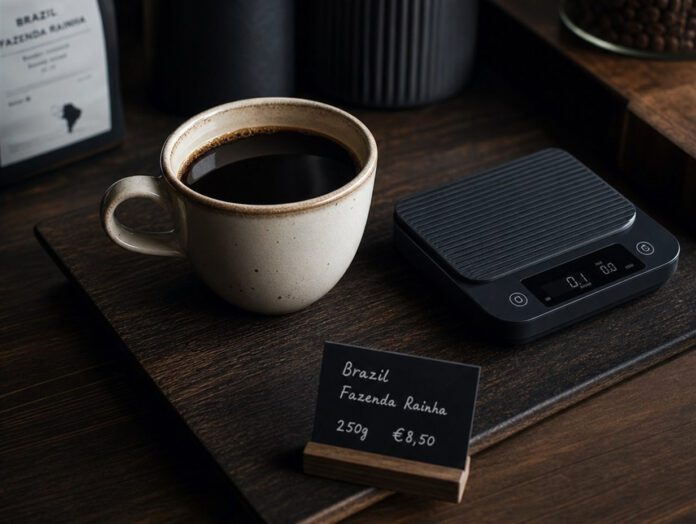 Tasse schwarzer Kaffee auf dunkler Holzunterlage neben einer kleinen Waage