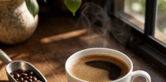 Tag des Kaffees am 1. Oktober: Herkunft, Steuer und Zahlen Weiße Tasse mit schwarzem Filterkaffee auf einem Holztisch, daneben geröstete Kaffeebohnen und ein Metalllöffel