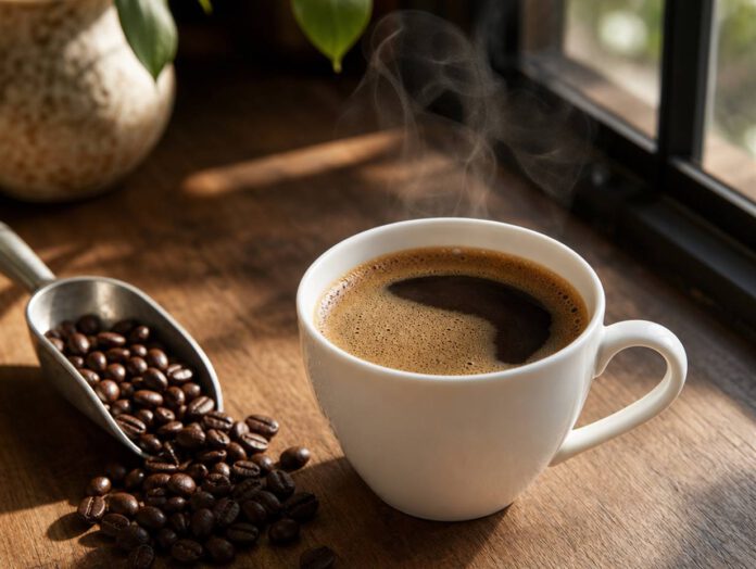 Weiße Tasse mit schwarzem Filterkaffee auf einem Holztisch, daneben geröstete Kaffeebohnen und ein Metalllöffel