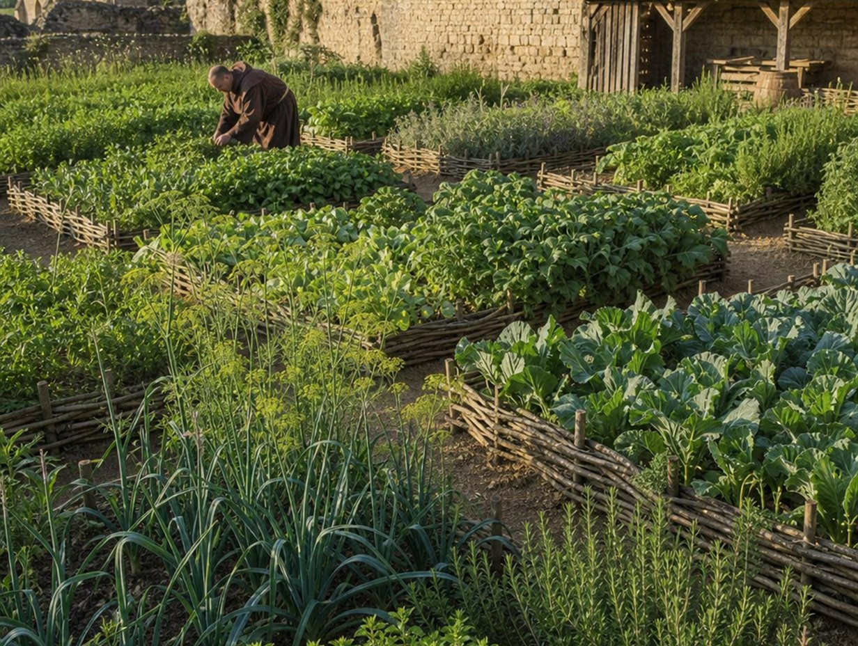 Klostergarten mit von Flechtzäunen eingefassten Beeten voller Lauch, Kohl, Fenchel und Kräutern, im Hintergrund eine Klostermauer