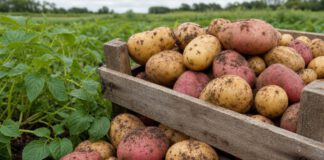 Tag der Kartoffel: Warum es zwei Termine gibt und was zählt Frisch geerntete Kartoffeln verschiedener Sorten in einer Holzkiste auf dem Feld, teils noch mit Erde