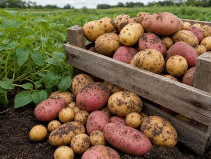 Frisch geerntete Kartoffeln verschiedener Sorten in einer Holzkiste auf dem Feld, teils noch mit Erde