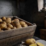 Rohe Kartoffeln in einer Holzkiste in einem kühlen, dunklen Vorratsraum