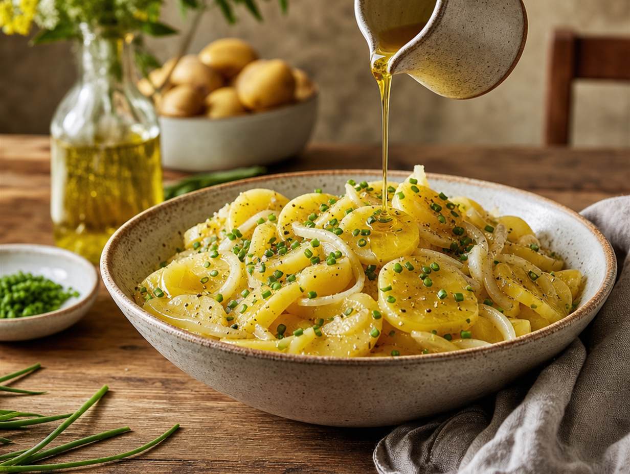 Schwäbischer Kartoffelsalat mit Zwiebeln und Schnittlauch, über den goldgelbes Rapsöl gegossen wird