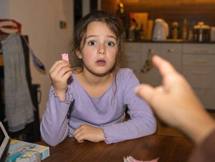 Kind sitzt erschrocken am Küchentisch und hält einen angebissenen Kaugummistreifen