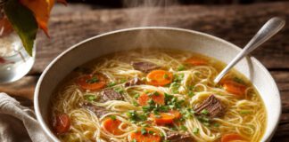 Tag der Suppe am 19. November: Klar, gebunden und was drin sein muss Tiefer Teller mit klarer goldener Rinderbrühe, Suppennudeln, Karottenscheiben und Schnittlauch