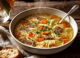Tag der Suppe am 19. November: Klar, gebunden und was drin sein muss Tiefer Teller mit klarer goldener Rinderbrühe, Suppennudeln, Karottenscheiben und Schnittlauch