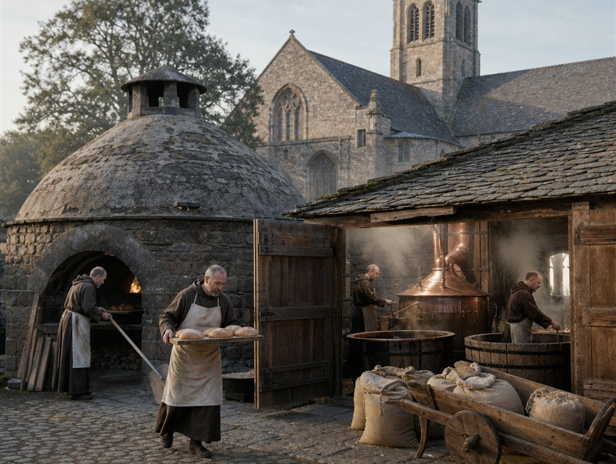 Klösterlicher Wirtschaftshof mit Kuppelbackofen, Brüdern beim Brotausbacken und daneben ein Brauhaus mit Kupferkessel und Gärbottichen