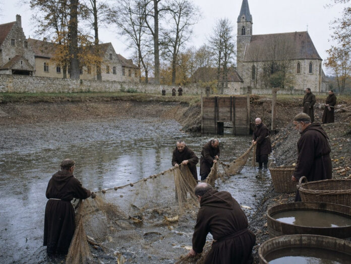 Mönche ziehen ein Netz mit Karpfen durch einen abgelassenen Klosterteich, daneben Weidenkörbe und Wasserbottiche, im Hintergrund die Klosterkirche
