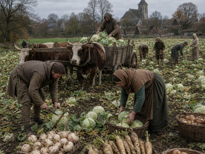 Bäuerinnen und Bauern schneiden Kohlköpfe auf einem Feld und laden sie auf einen Ochsenkarren, im Vordergrund Körbe mit Rüben, Pastinaken und Zwiebeln
