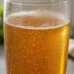 Glas mit prickelndem, goldbraunem Kombucha und aufsteigenden Bläschen