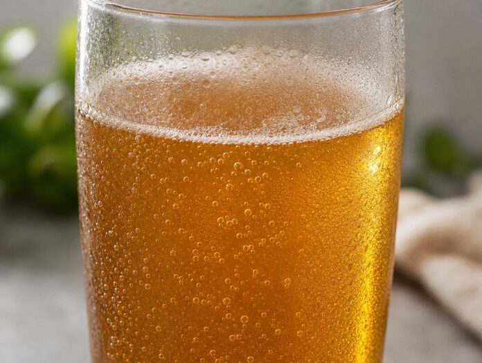 Glas mit prickelndem, goldbraunem Kombucha und aufsteigenden Bläschen