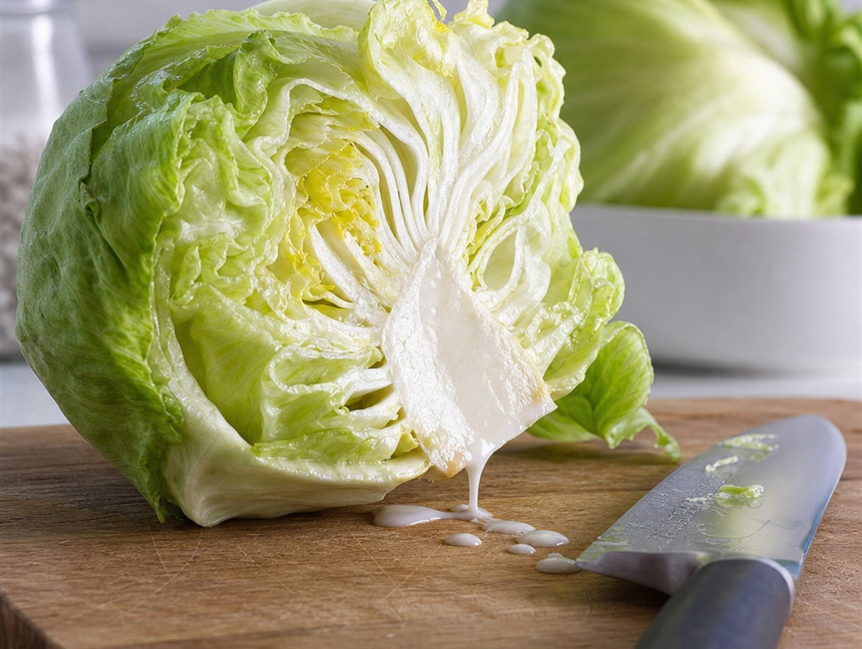 Aufgeschnittener Kopfsalat, an dessen Strunk weißer Milchsaft austritt
