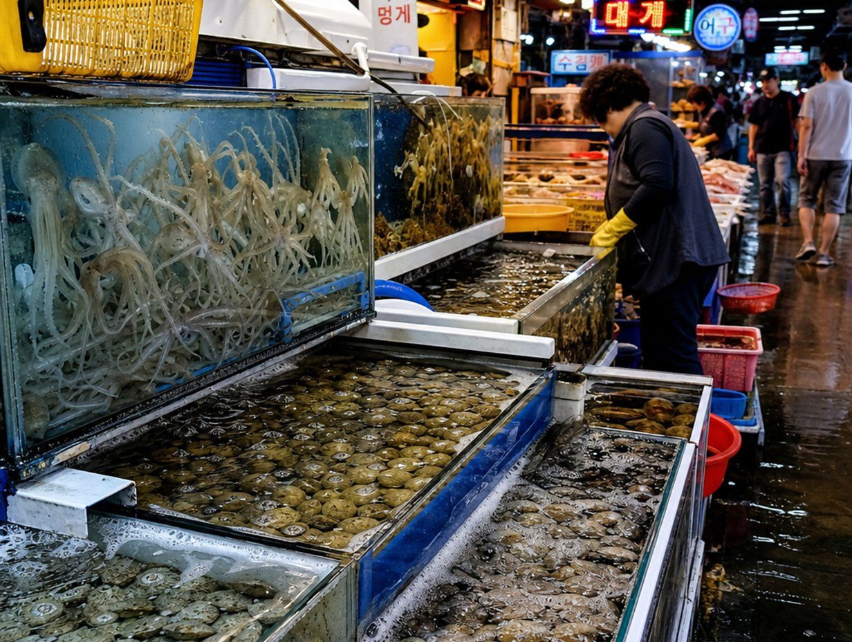 Marktstand in Korea mit Wasserbecken voller lebender Tintenfische und Muscheln